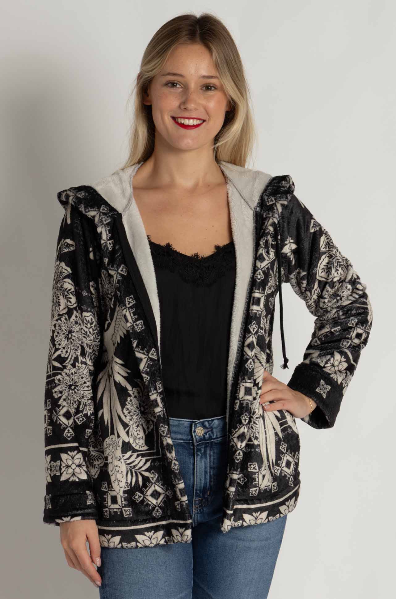 Johnny Was - Joan Zip Hoodie Sherpa Jacket in Myna Scarf Print