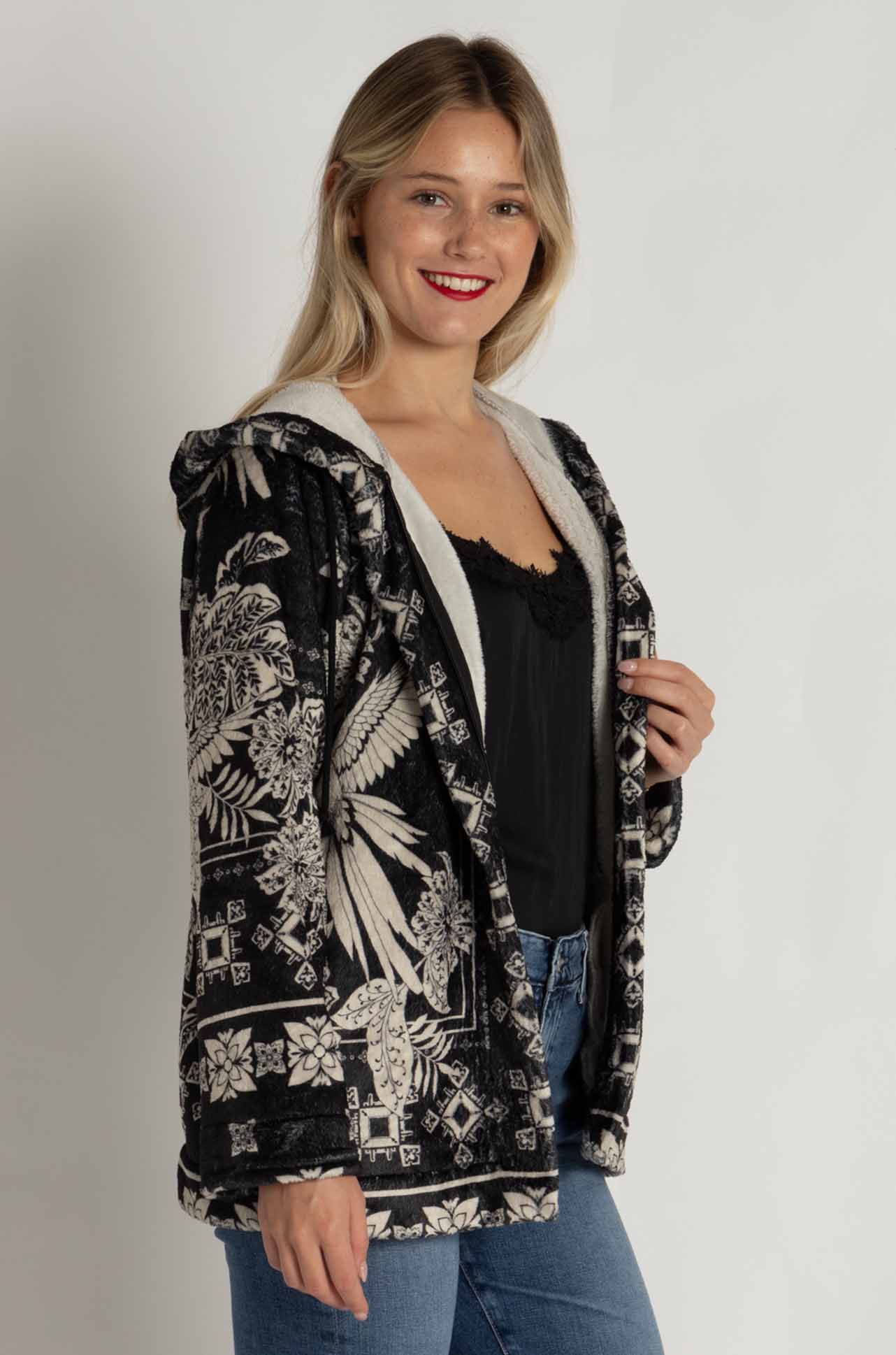 Johnny Was - Joan Zip Hoodie Sherpa Jacket in Myna Scarf Print