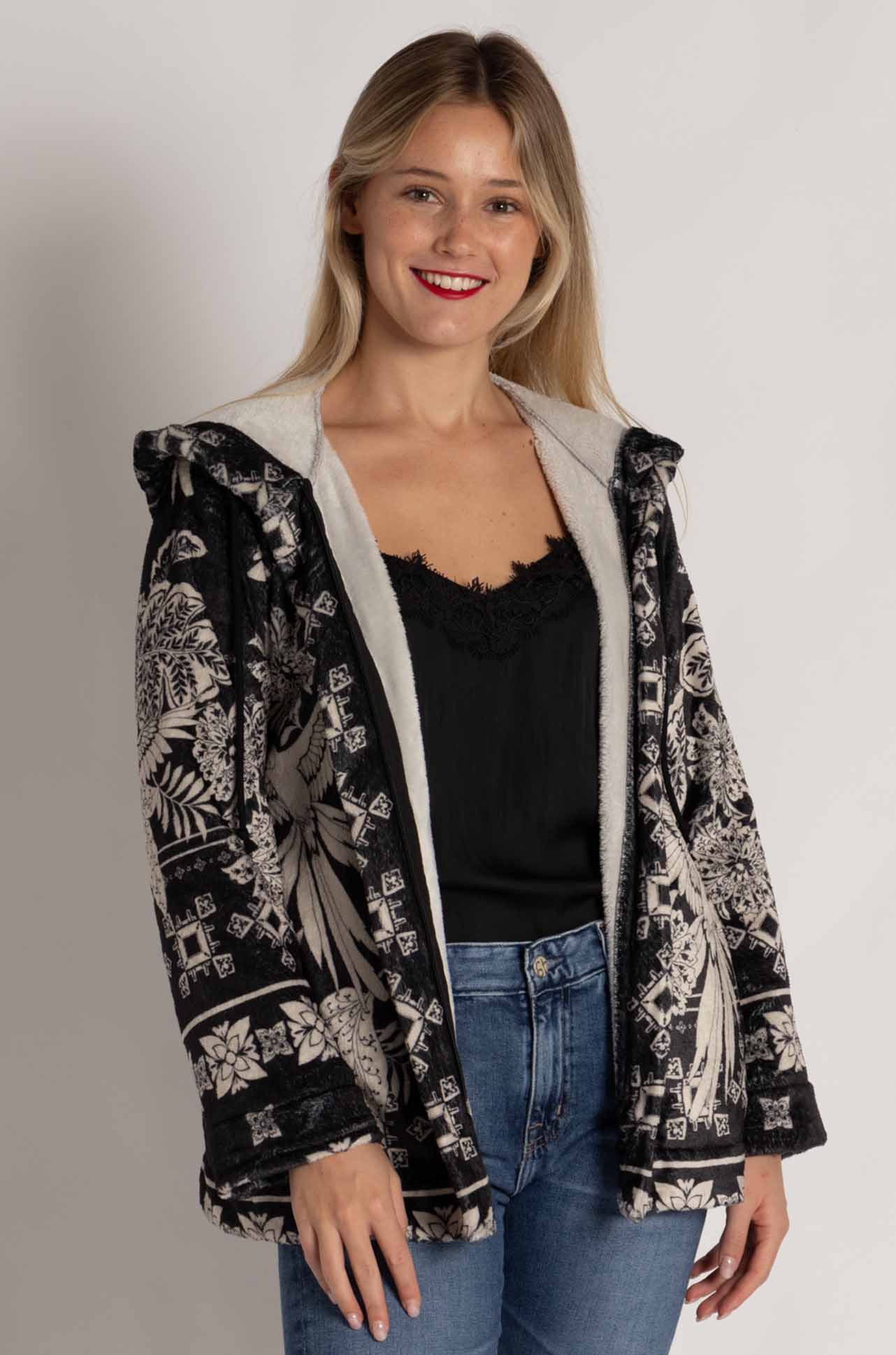 Johnny Was - Joan Zip Hoodie Sherpa Jacket in Myna Scarf Print