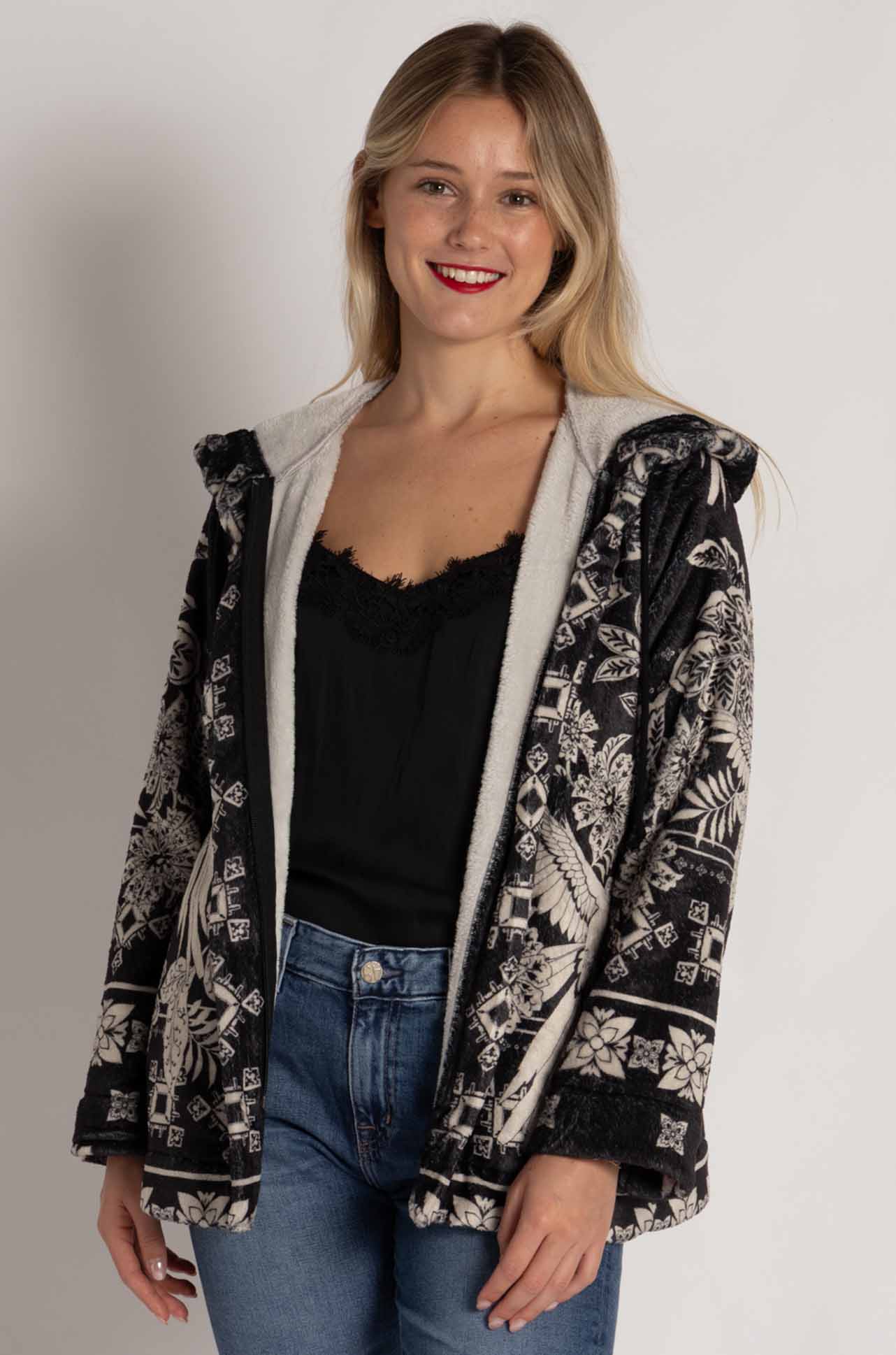 Johnny Was - Joan Zip Hoodie Sherpa Jacket in Myna Scarf Print