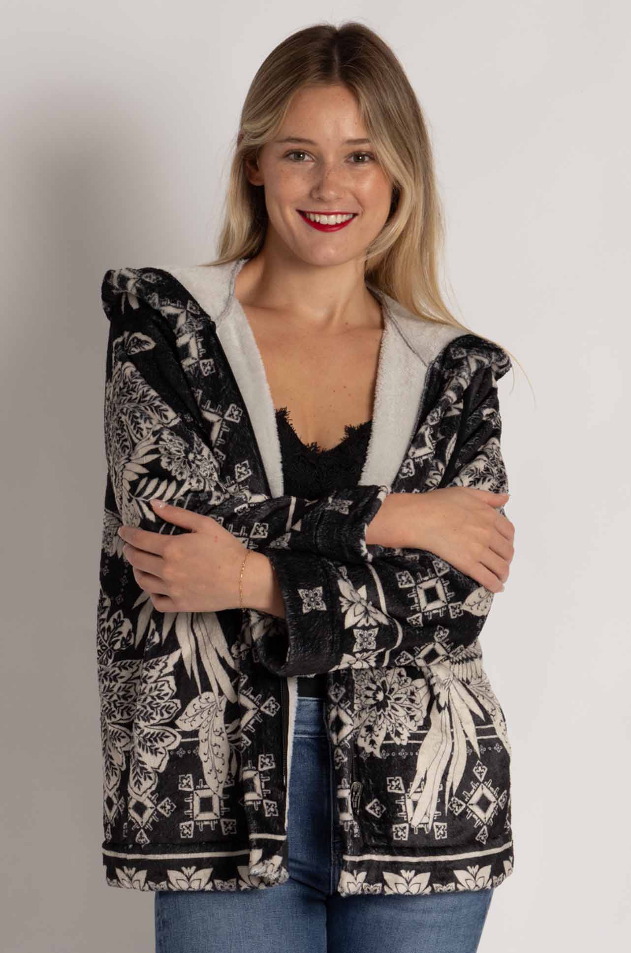 Johnny Was - Joan Zip Hoodie Sherpa Jacket in Myna Scarf Print