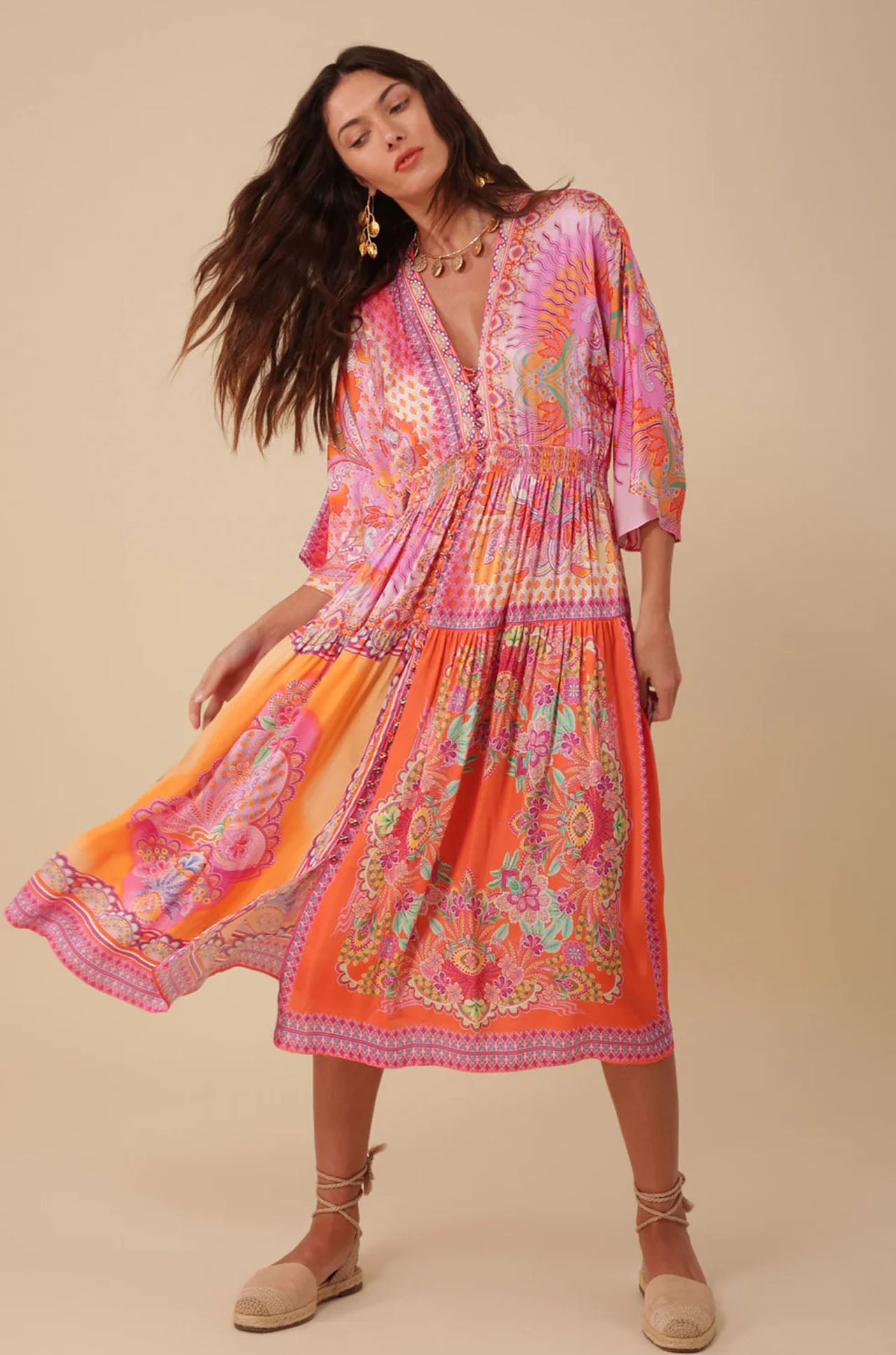 Hale Bob - Kaylee V-Neck Midi Dress in Orange