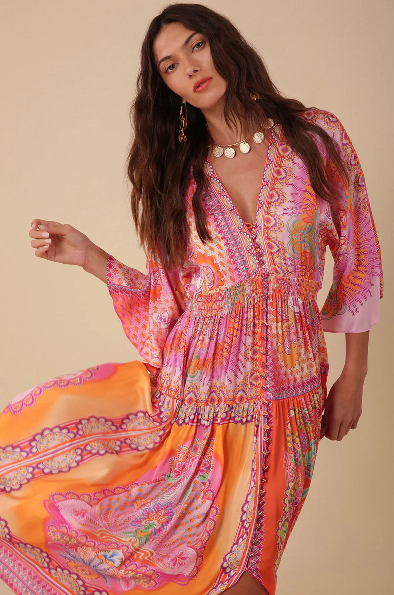 Hale Bob - Kaylee V-Neck Midi Dress in Orange