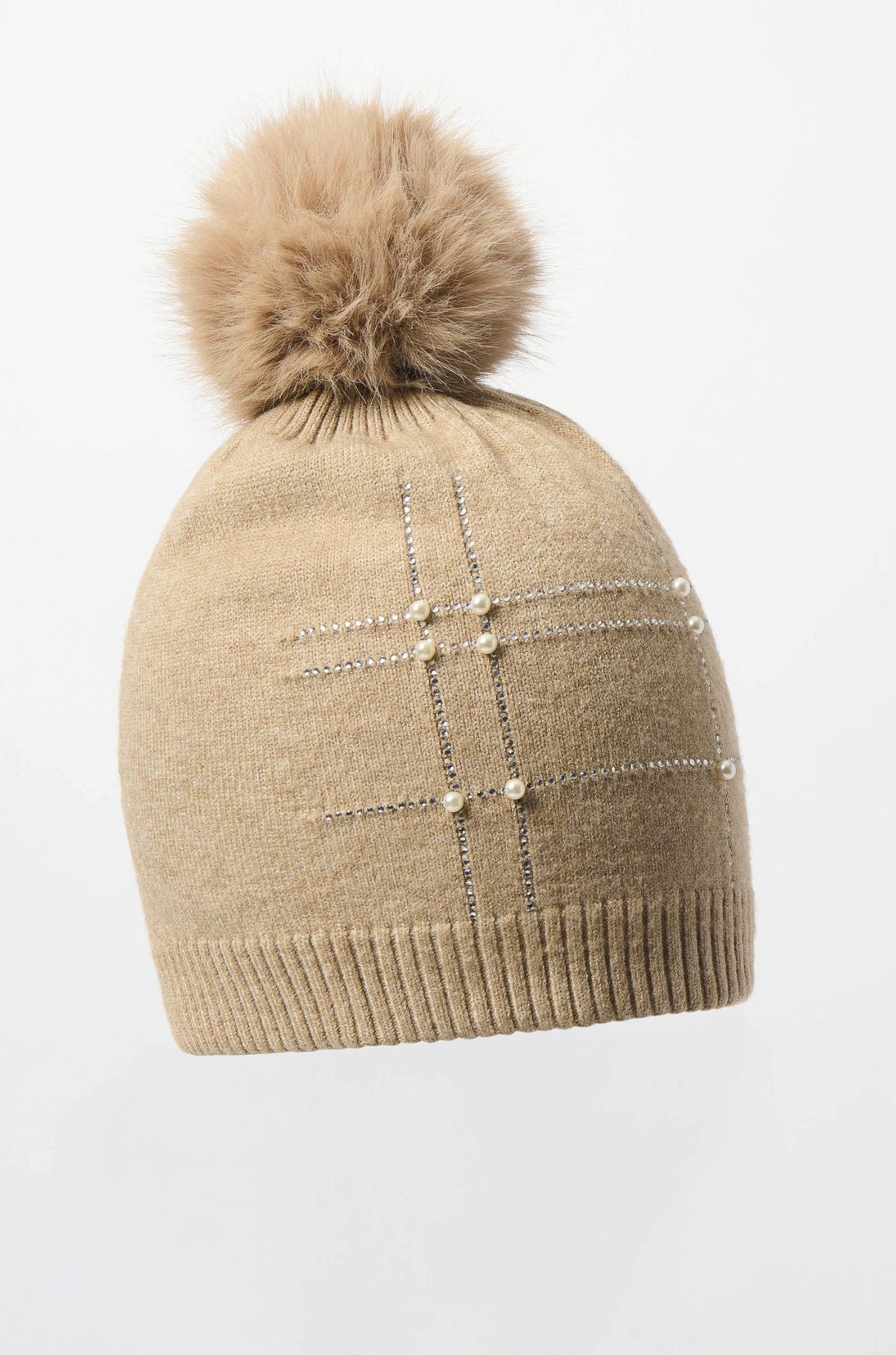 Joseph Ribkoff - Knitted Faux Fur Pompom Hat in Taupe Melange