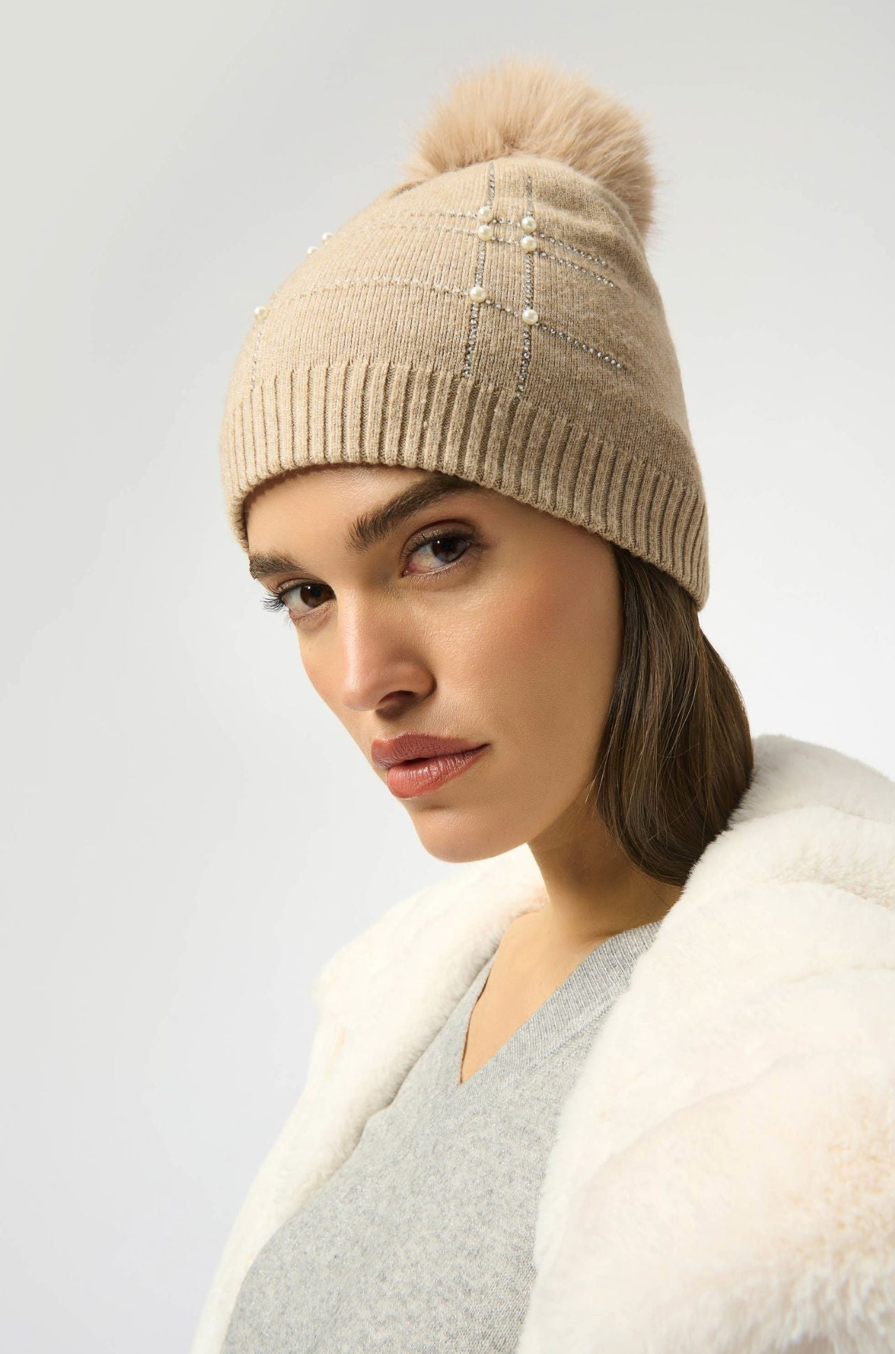 Joseph Ribkoff - Knitted Faux Fur Pompom Hat in Taupe Melange