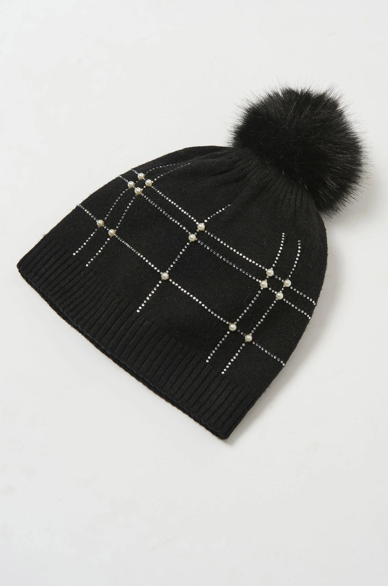 Joseph Ribkoff - Knitted Faux Fur Pompom Hat in Black