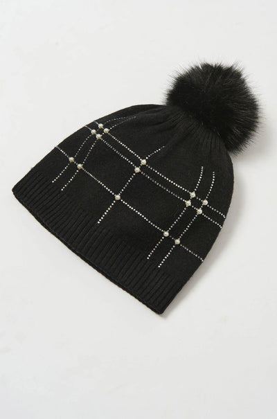 Joseph Ribkoff - Knitted Faux Fur Pompom Hat in Black