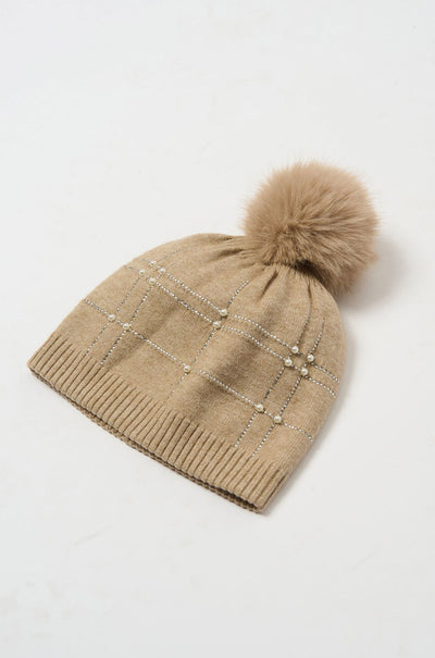 Joseph Ribkoff - Knitted Faux Fur Pompom Hat in Taupe Melange