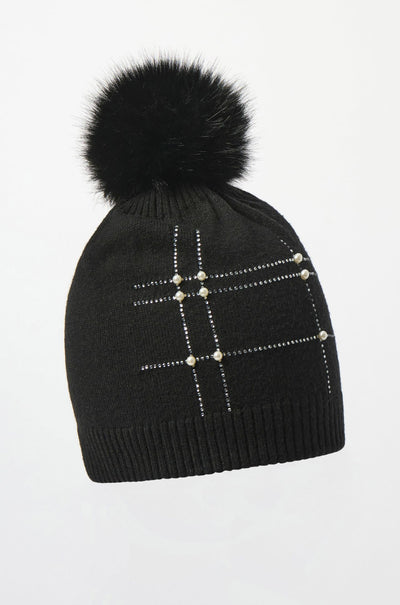 Joseph Ribkoff - Knitted Faux Fur Pompom Hat in Black
