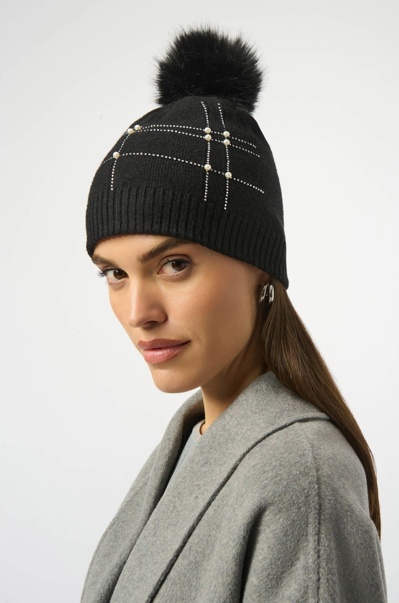 Joseph Ribkoff - Knitted Faux Fur Pompom Hat in Black