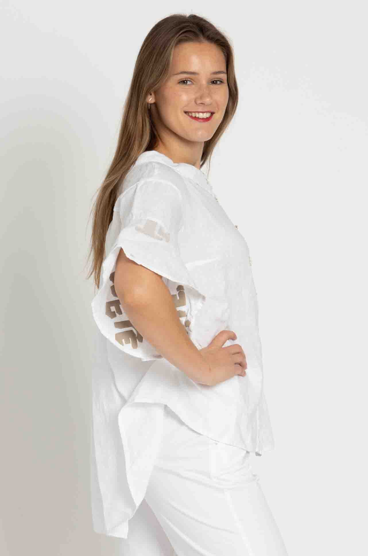 Elisa Cavaletti - Linen Blouse w/ Printed Flounce Sleeve