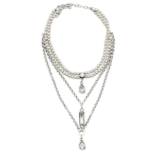 Pewter - 3 Tier Mixed Crystal Necklace