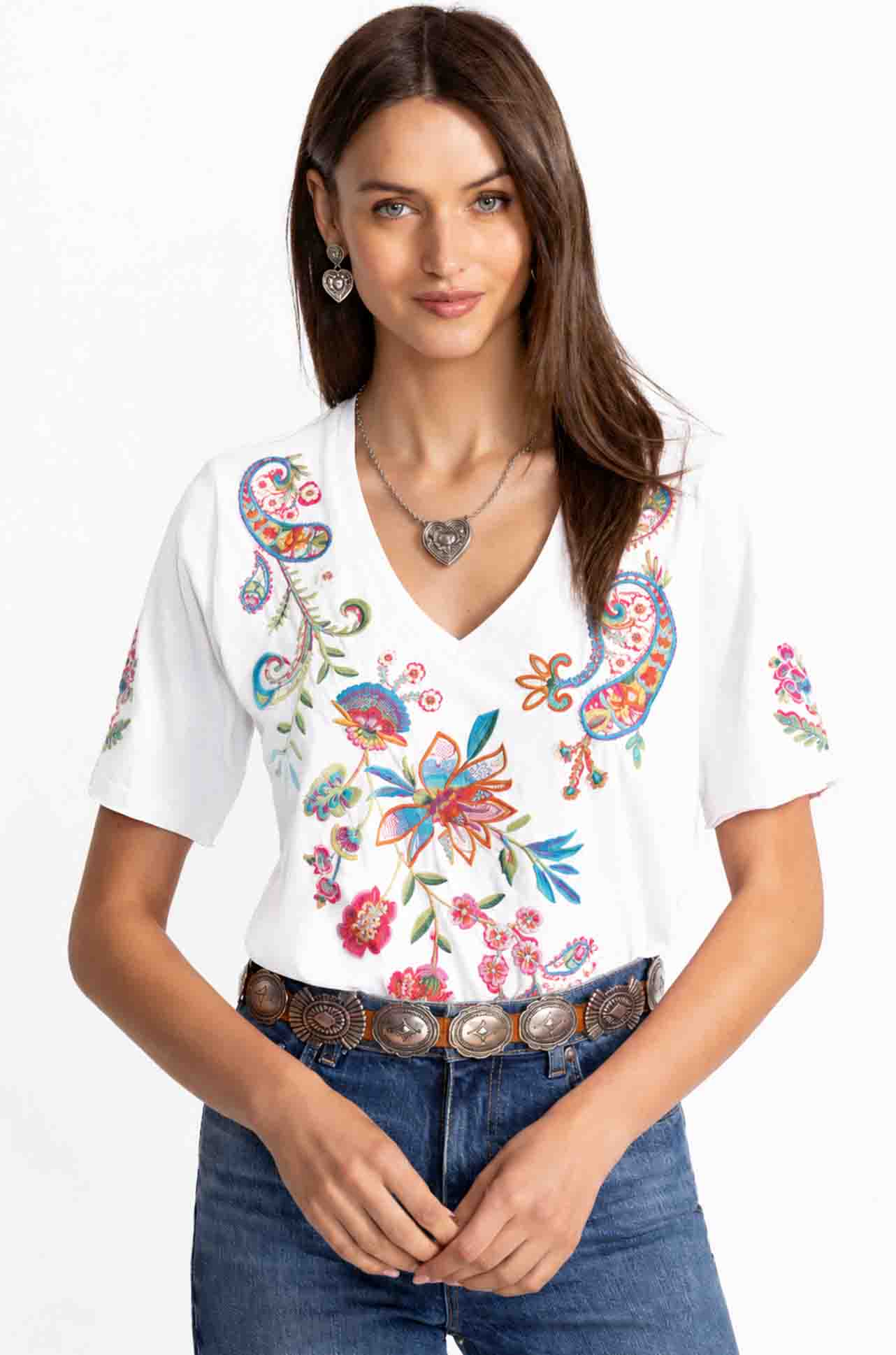 Johnny Was - Raw Hem V-Neck Tee in Karime