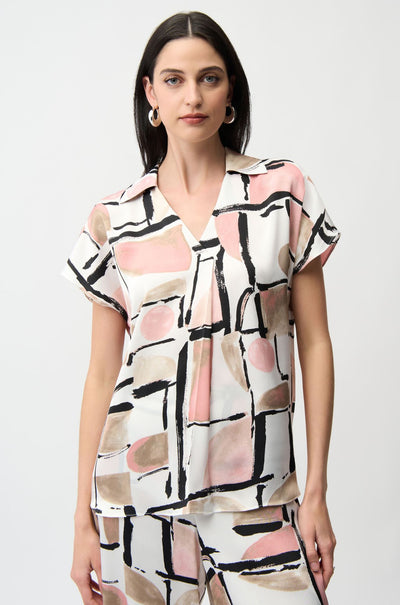 Joseph Ribkoff - Recycled Satin Abstract Print Boxy Top with V Neckline