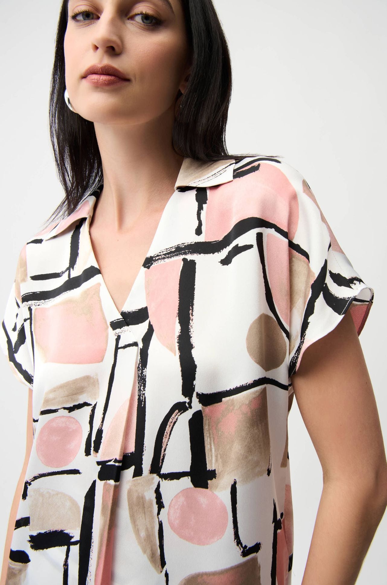 Joseph Ribkoff - Recycled Satin Abstract Print Boxy Top with V Neckline
