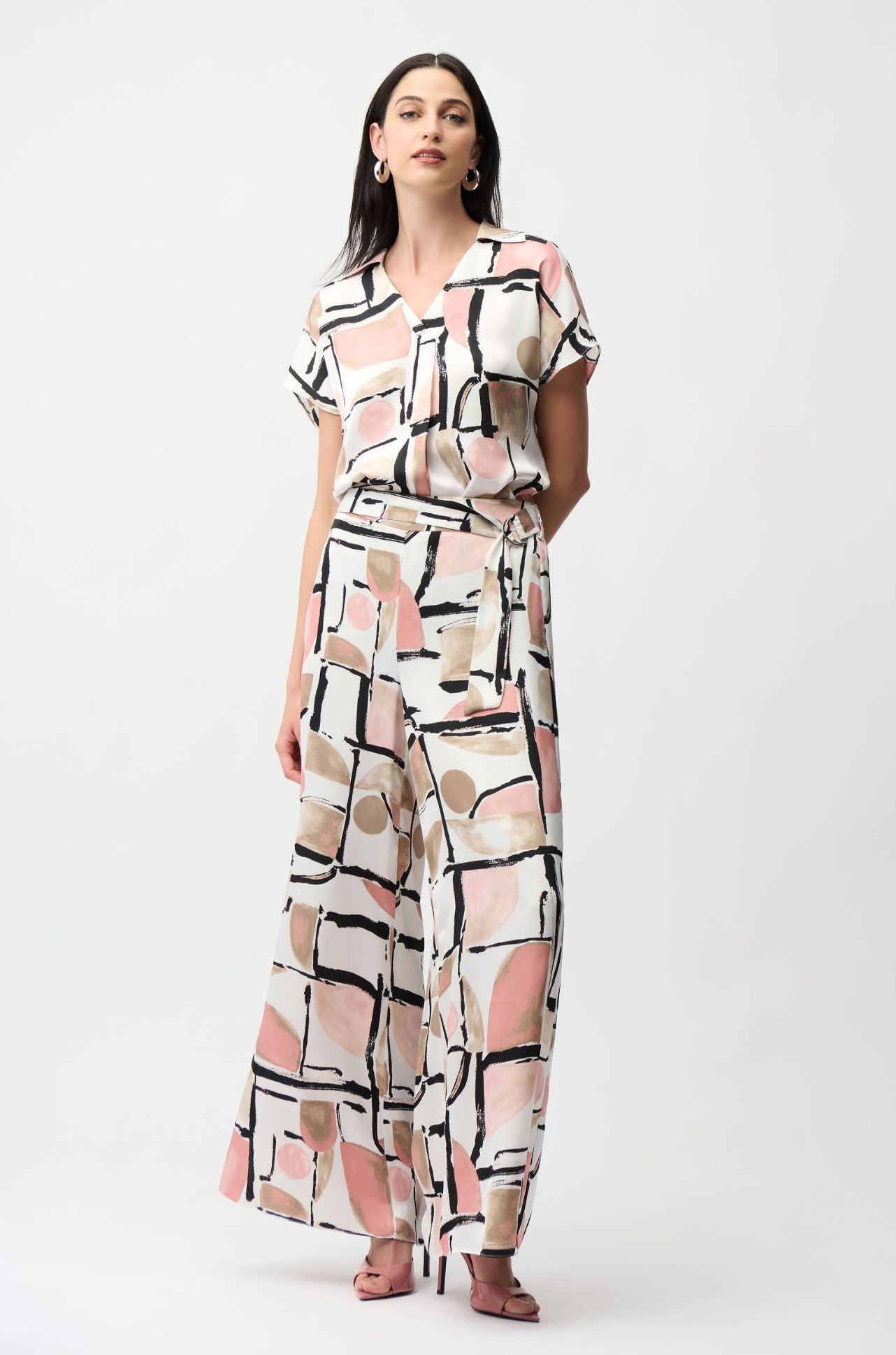 Joseph Ribkoff - Recycled Satin Abstract Print Boxy Top with V Neckline