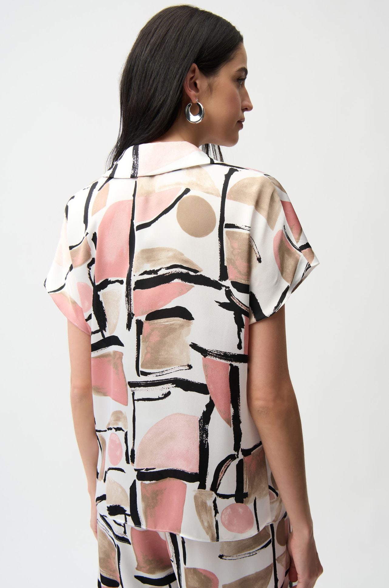 Joseph Ribkoff - Recycled Satin Abstract Print Boxy Top with V Neckline
