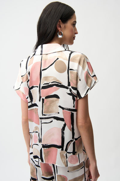 Joseph Ribkoff - Recycled Satin Abstract Print Boxy Top with V Neckline