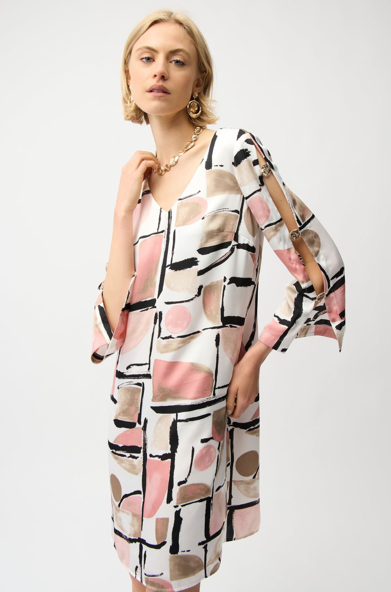 Joseph Ribkoff - Recycled Satin Abstract Print Trapeze Dress with Gold Detail