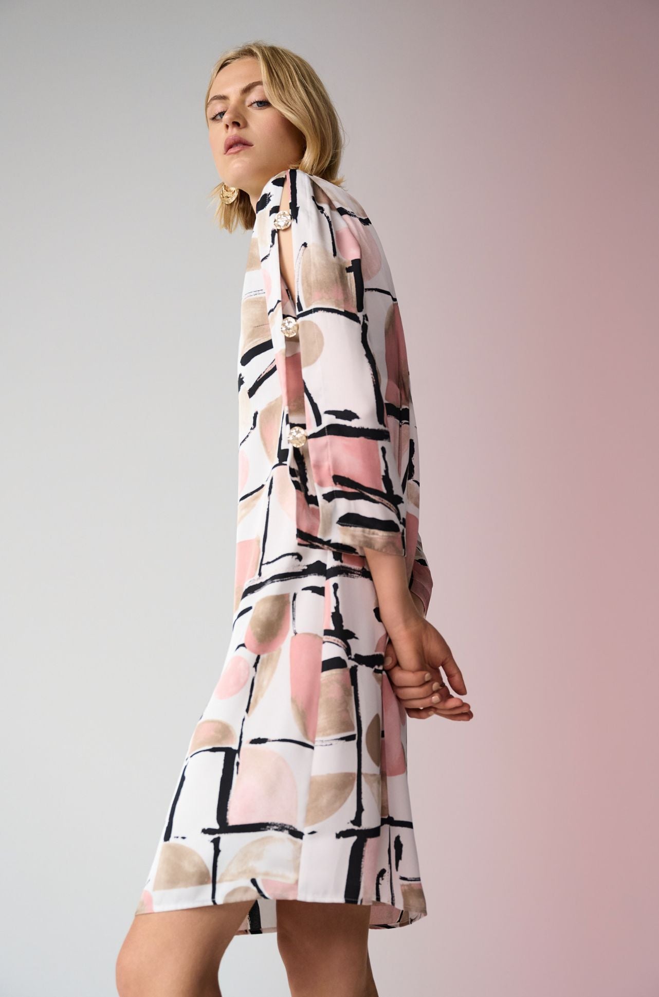 Joseph Ribkoff - Recycled Satin Abstract Print Trapeze Dress with Gold Detail