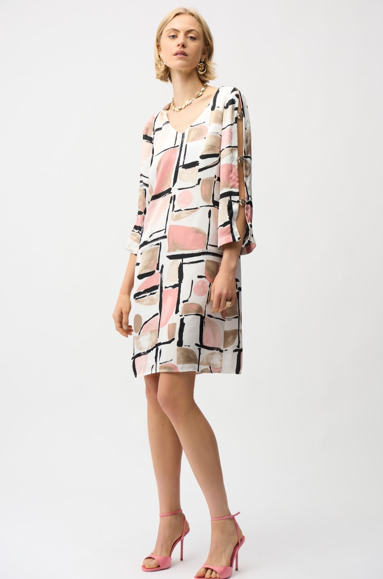 Joseph Ribkoff - Recycled Satin Abstract Print Trapeze Dress with Gold Detail