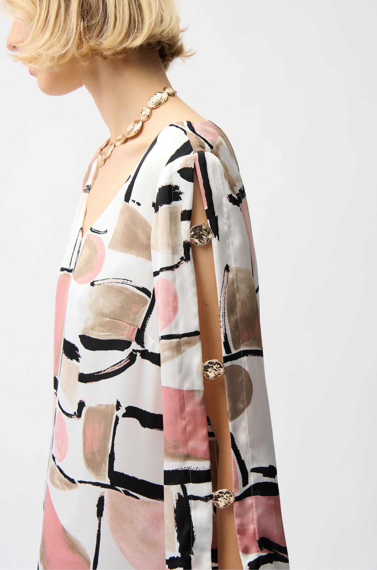 Joseph Ribkoff - Recycled Satin Abstract Print Trapeze Dress with Gold Detail