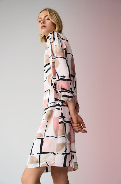 Joseph Ribkoff - Recycled Satin Abstract Print Trapeze Dress with Gold Detail
