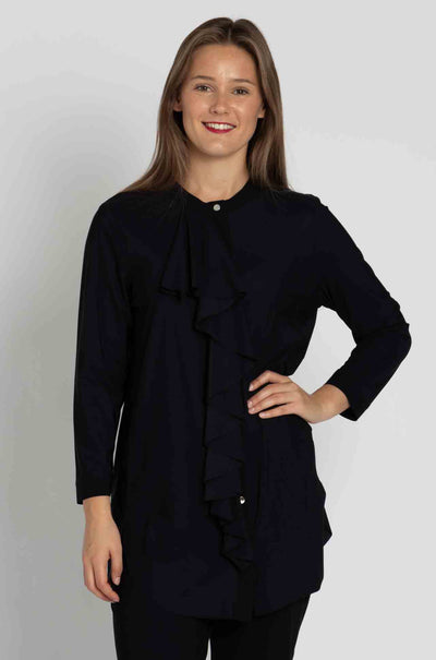 Paula Ryan - Ruffle Front 3/4 Sleeve Overshirt in Black