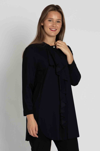 Paula Ryan - Ruffle Front 3/4 Sleeve Overshirt in Black