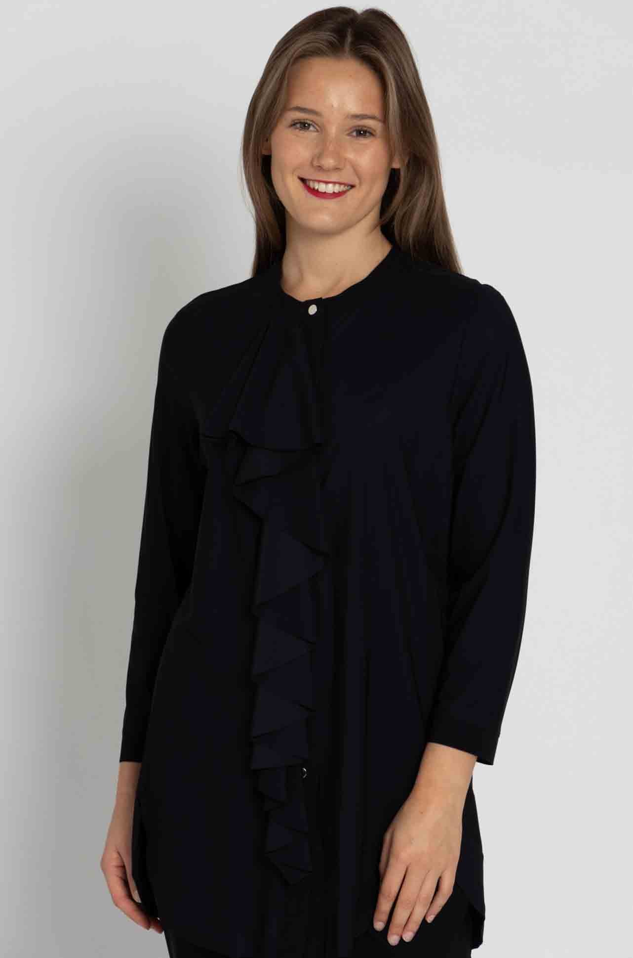 Paula Ryan - Ruffle Front 3/4 Sleeve Overshirt in Black