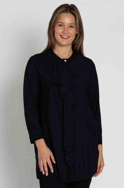 Paula Ryan - Ruffle Front 3/4 Sleeve Overshirt in Black