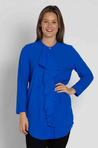 Paula Ryan - Ruffle Front 3/4 Sleeve Overshirt in Greek Blue