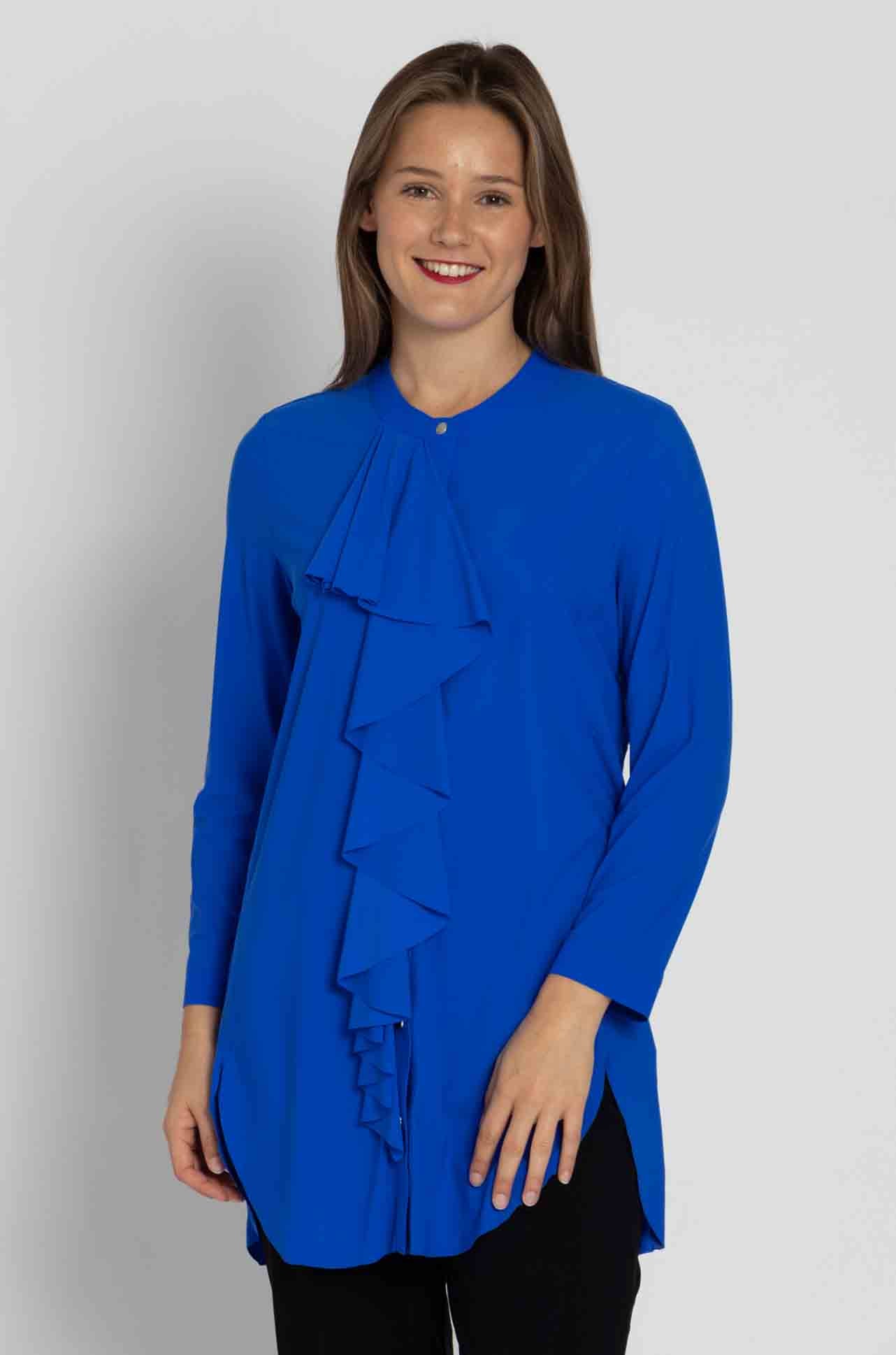 Paula Ryan - Ruffle Front 3/4 Sleeve Overshirt in Greek Blue