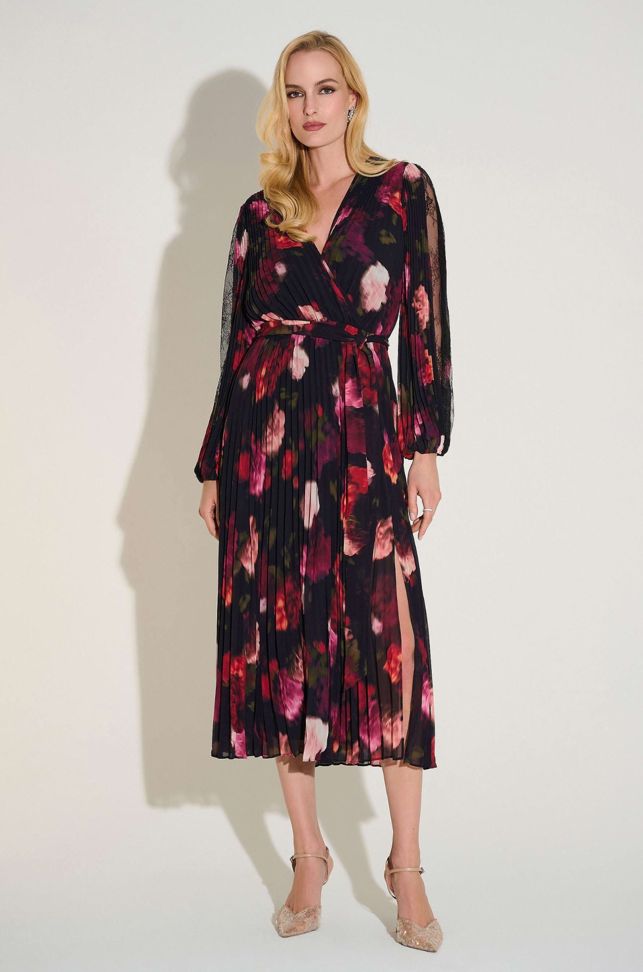 Joseph Ribkoff - Signature Pleated Chiffon Floral Fit and Flare Dress