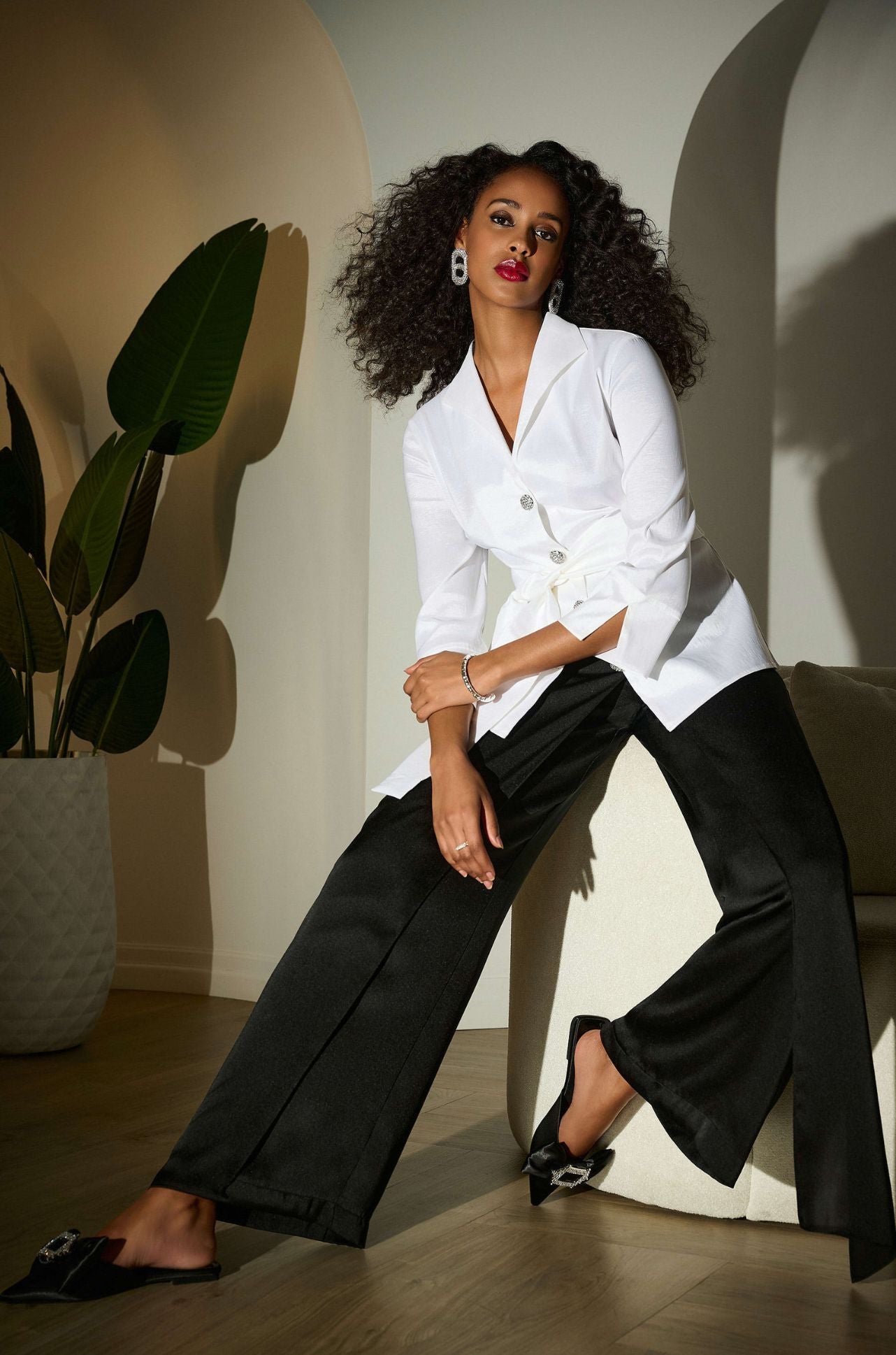 Joseph Ribkoff - Signature Satin Wide Leg Pants with Front Overlay