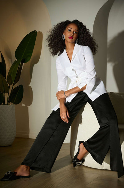 Joseph Ribkoff - Signature Satin Wide Leg Pants with Front Overlay