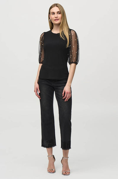 Joseph Ribkoff - Silky Knit Top w/ Embellished Mesh Sleeves