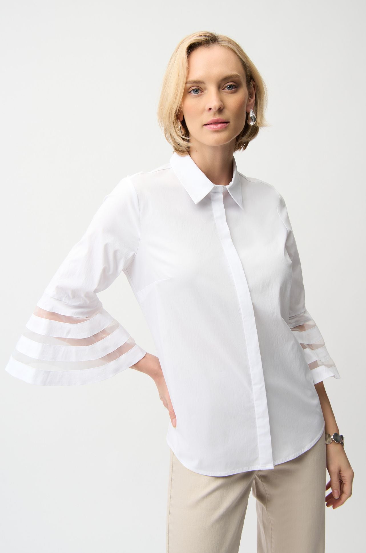Joseph Ribkoff - Stretch Poplin Straight Blouse with Organza Bell Sleeves