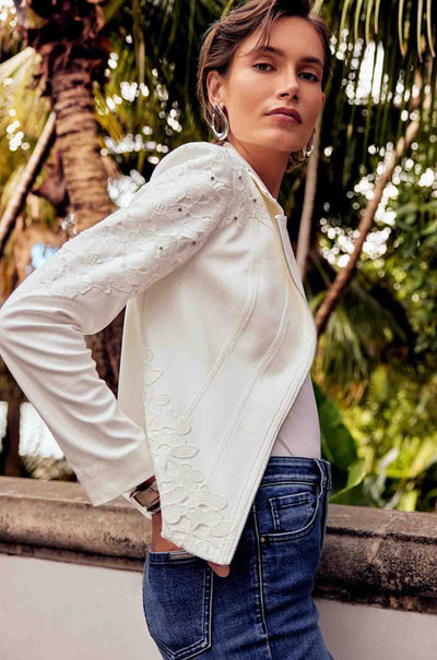 Joseph Ribkoff - Studded Foiled Suede Jacket w/ Floral Applique