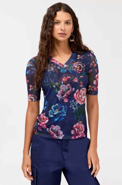 Johnny Was - V Neck Elbow Sleeve Mesh Top in Ollie