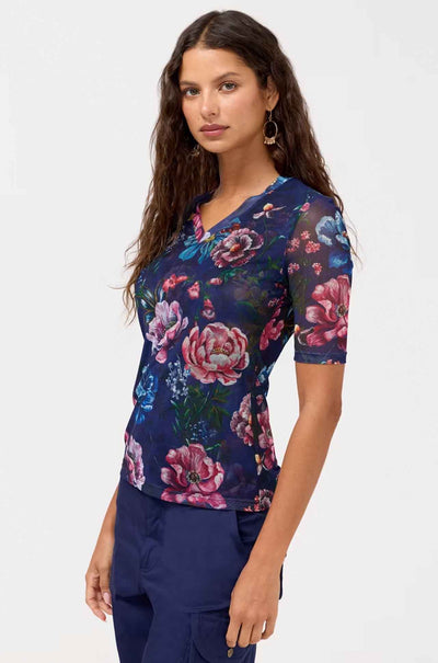 Johnny Was - V Neck Elbow Sleeve Mesh Top in Ollie