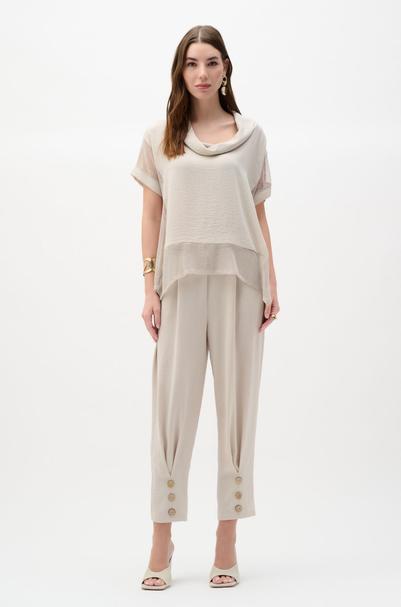 Joseph Ribkoff - Woven Gauze and Mesh Boxy Top with Cowl Collar