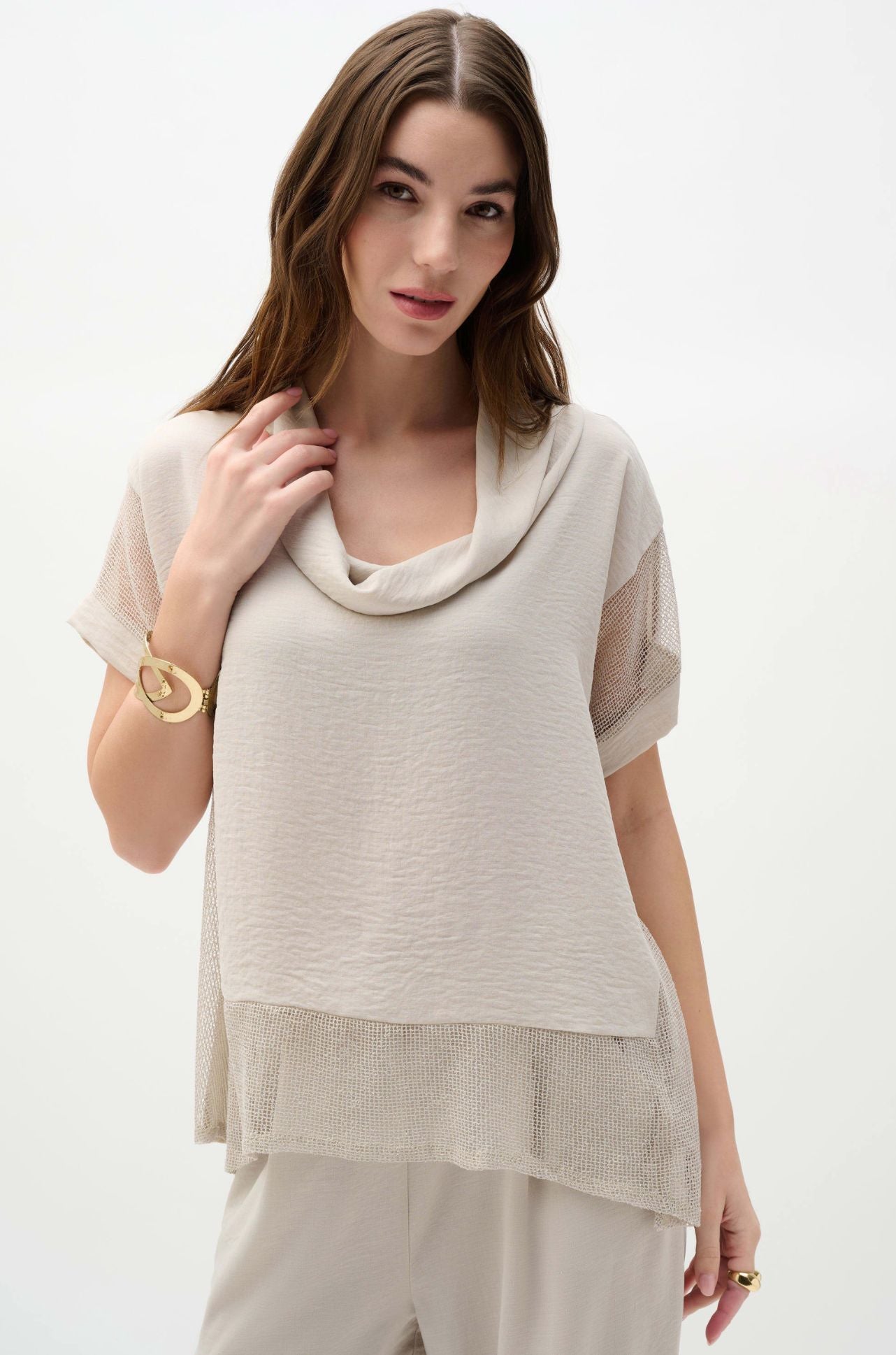 Joseph Ribkoff - Woven Gauze and Mesh Boxy Top with Cowl Collar