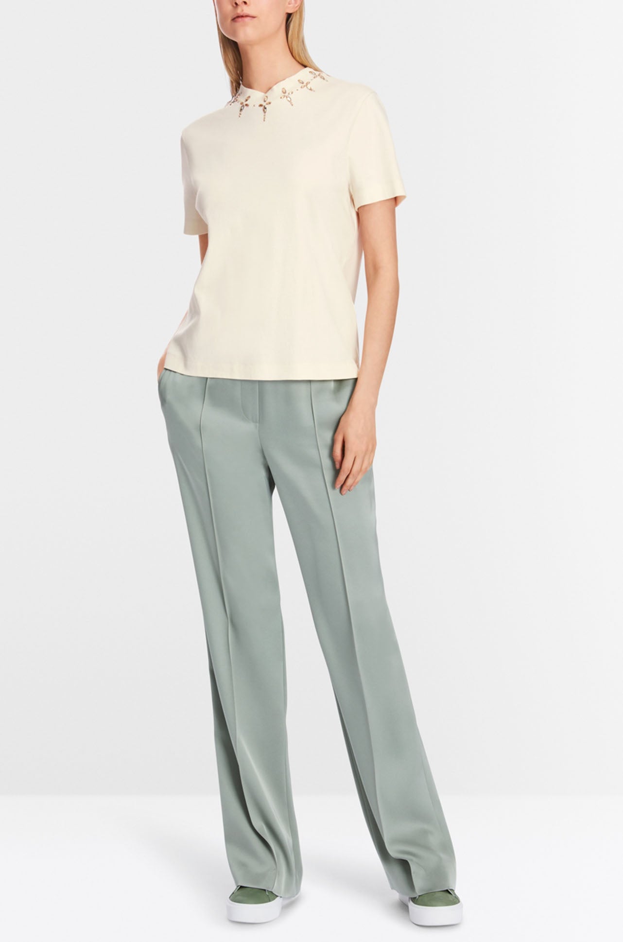 Marc Cain - T-shirt with Rhinestone Details in Bright Ecru
