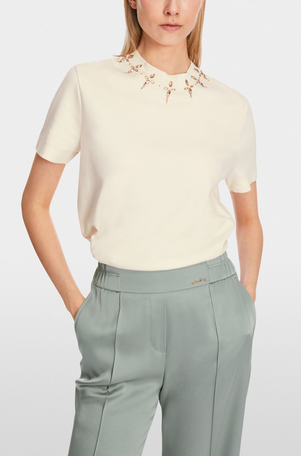 Marc Cain - T-shirt with Rhinestone Details in Bright Ecru