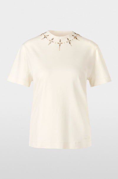 Marc Cain - T-shirt with Rhinestone Details in Bright Ecru