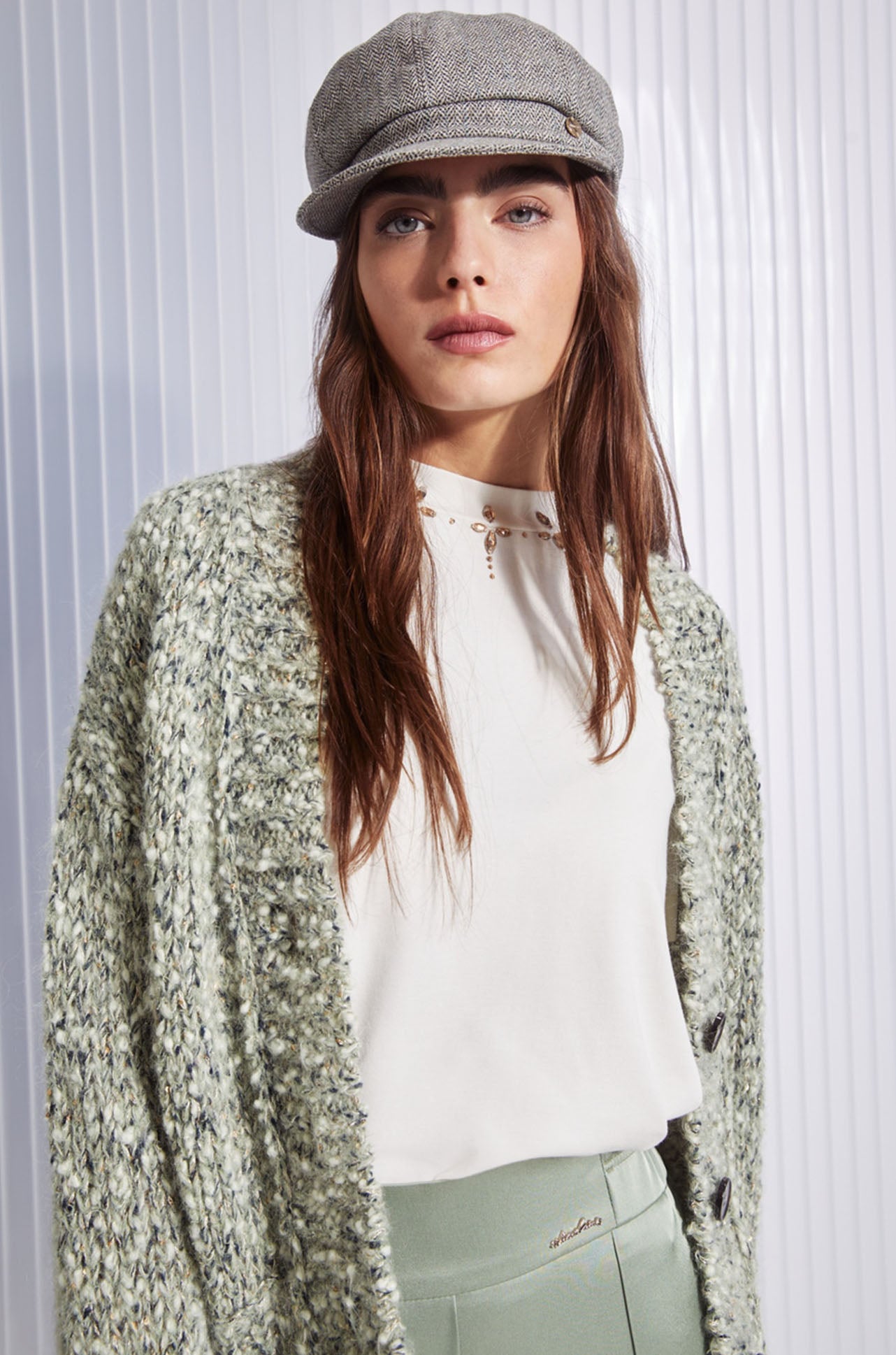 Marc Cain - T-shirt with Rhinestone Details in Bright Ecru