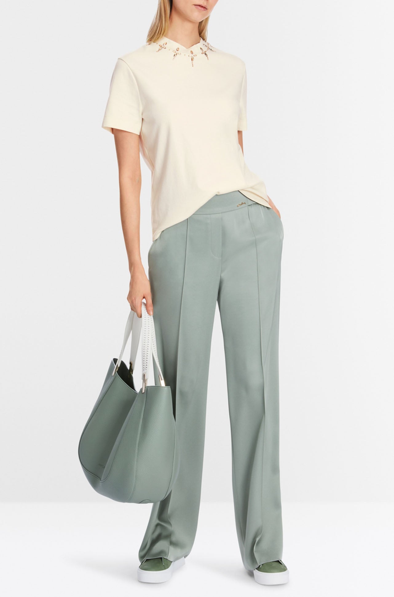 Marc Cain - T-shirt with Rhinestone Details in Bright Ecru