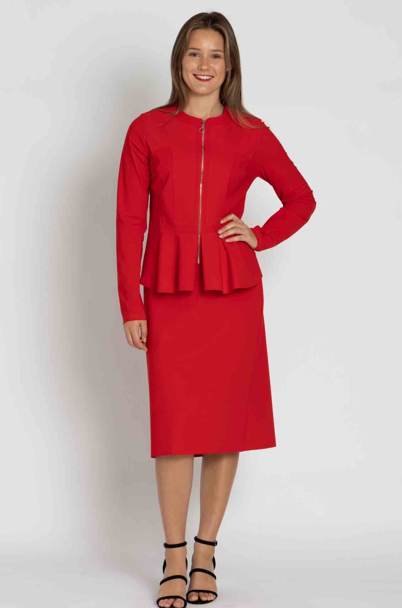Paula Ryan - Zip Front Panel Peplum Jacket in Flame Red