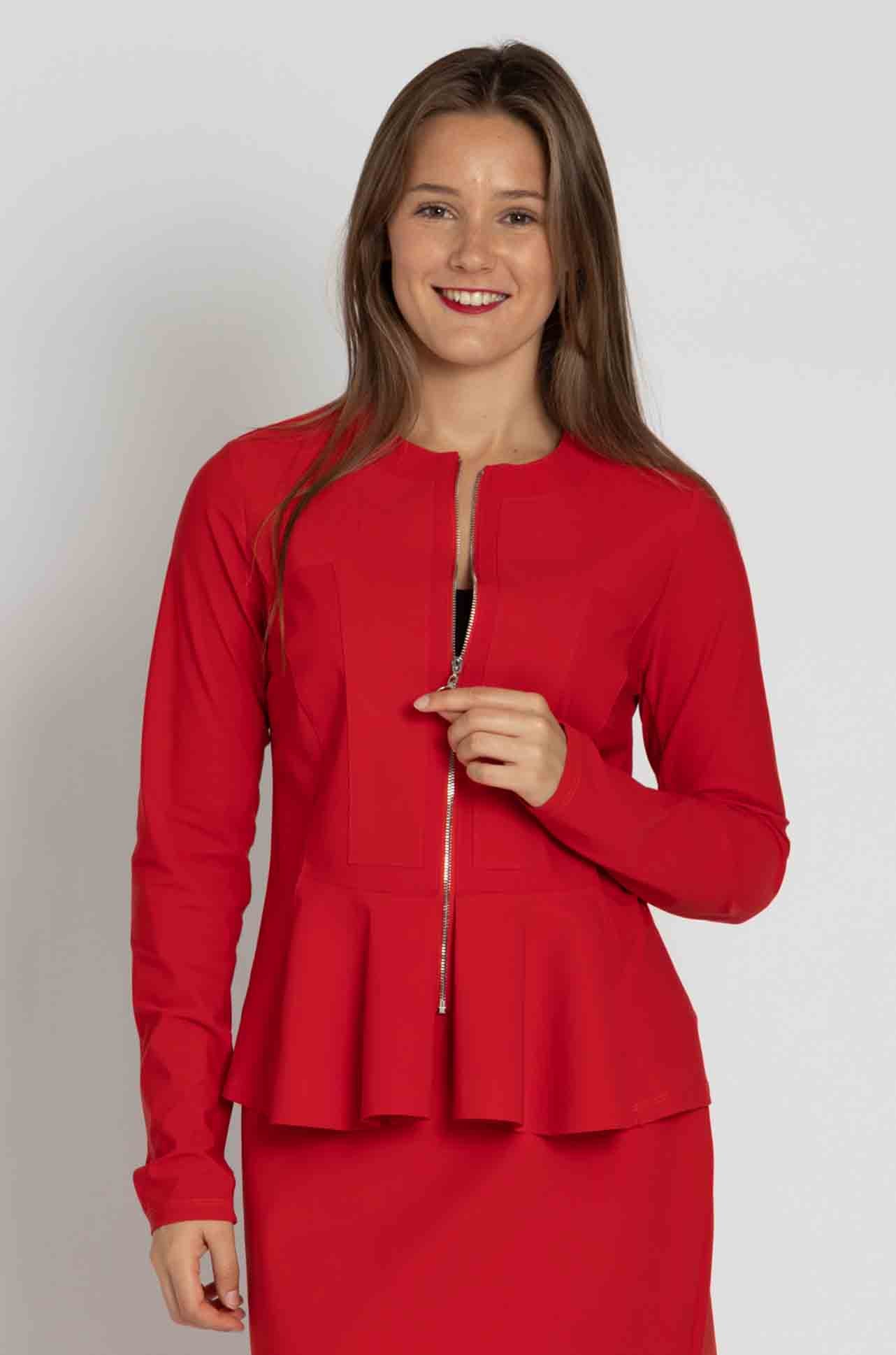Paula Ryan - Zip Front Panel Peplum Jacket in Flame Red